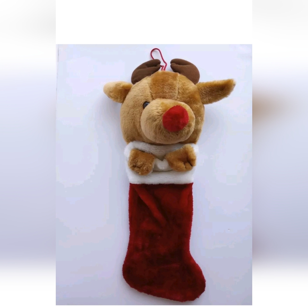 Vintage 3D Reindeer Stocking Plush Christmas Approx 21" See Description